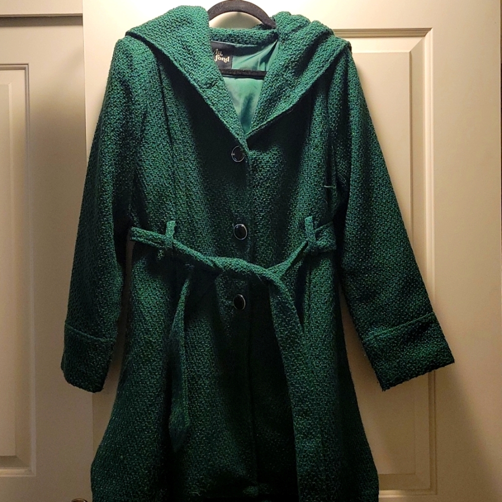 Green hooded and belted fit and flare pea coat
